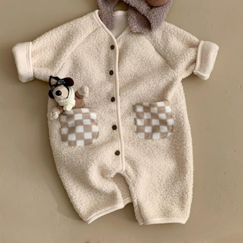 Knitted Jumpsuit Manufacturer - Plaid Plush Cute Baby Outerwear