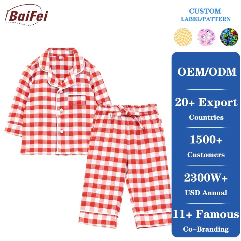 Baby Pajama Set Supplier - Wholesale Custom Fabric Long-Sleeved Plaid Single-Breasted Lapel