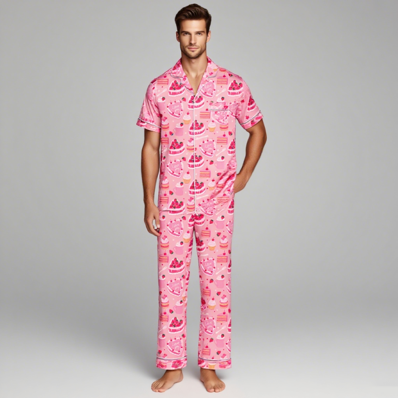 Women Sleepwear Supplier - Custom Valentine's Day Satin Sleepwear Casual Pink Print