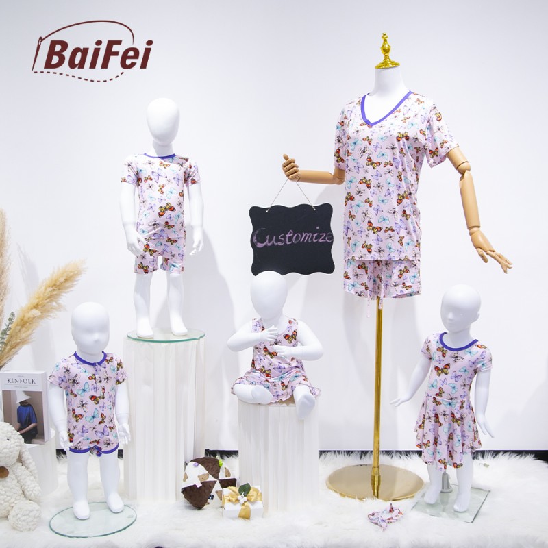 Summer Pajamas Factory - Custom Short Bamboo Loungewear Satin V-Neck Nightwear Family