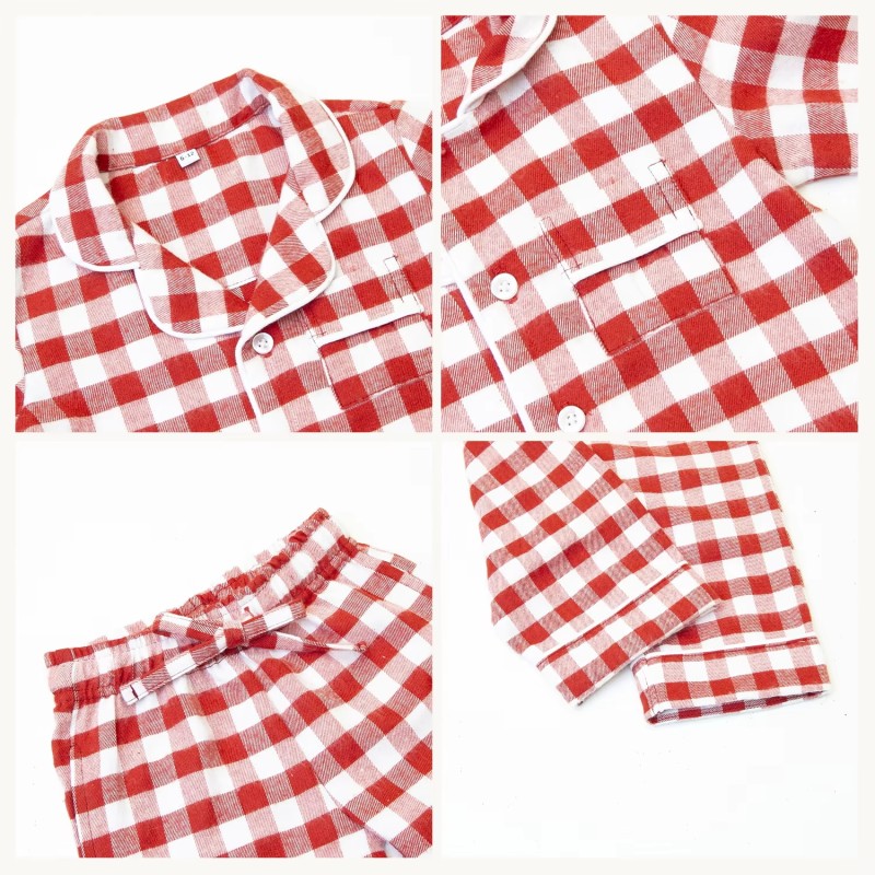 Baby Pajama Set Supplier - Wholesale Custom Fabric Long-Sleeved Plaid Single-Breasted Lapel