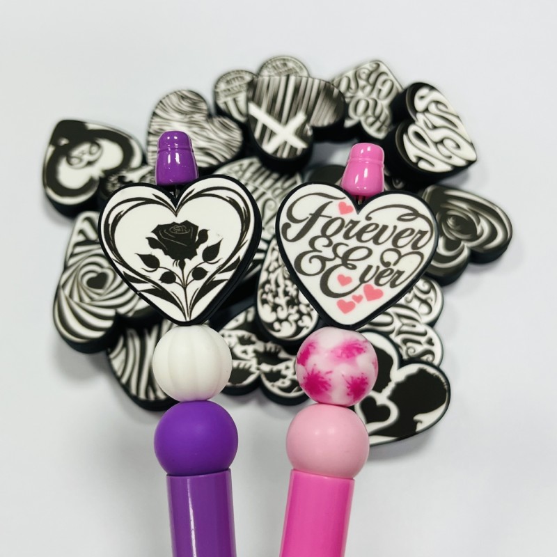 Baby Teether Supplier - Cartoon Heart-Shaped Silicone Beads with String Pens Food Grade