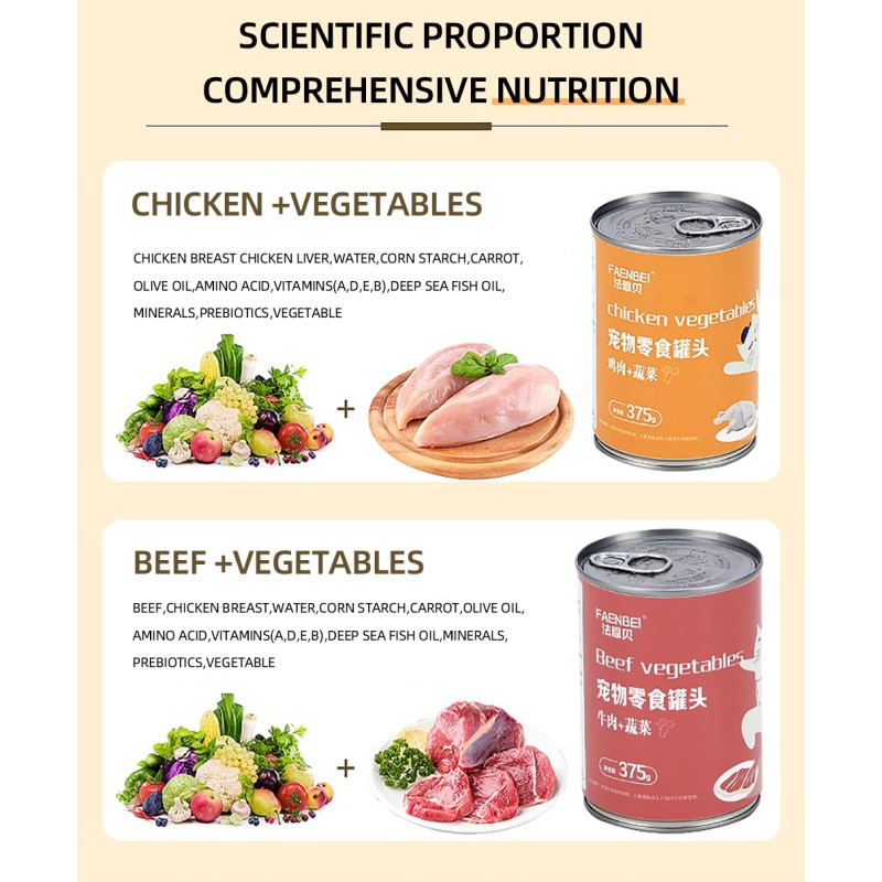 Canned Pet Snacks Manufacturer - 375g High Palatability Beef Chicken Vegetables Taste