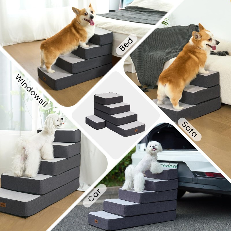 Dog Stairs Manufacturer - 5-Step Adjustable for High Beds Dog Steps Small Dogs Cats Foldable Pet Stairs