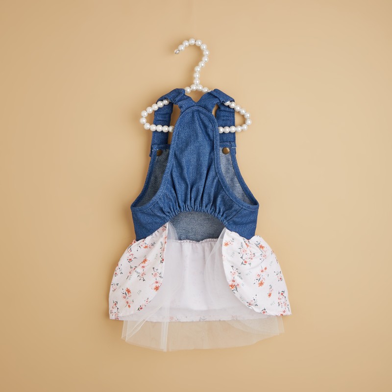 Princess Dress Supplier - Comfy Puppy Floral Vest Suspender Skirt Lace Trim Tutu Denim Spliced
