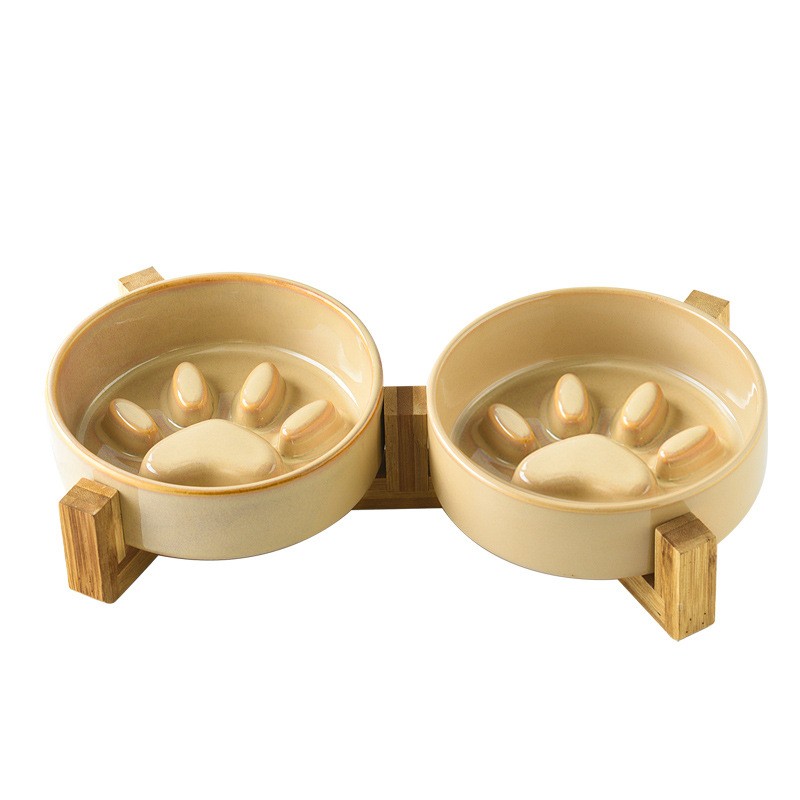 Ceramic Dog Bowl Factory - Hot Sale Puppy Slow Food Bowl With Bamboo Stand Raised Anti-Slip