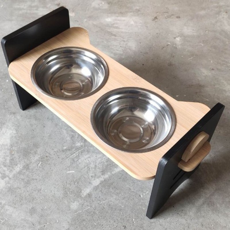 Pet Feeder Supplier - New Double Bowl Wooden Frame Small Cats Adjustable Height Stainless Steel