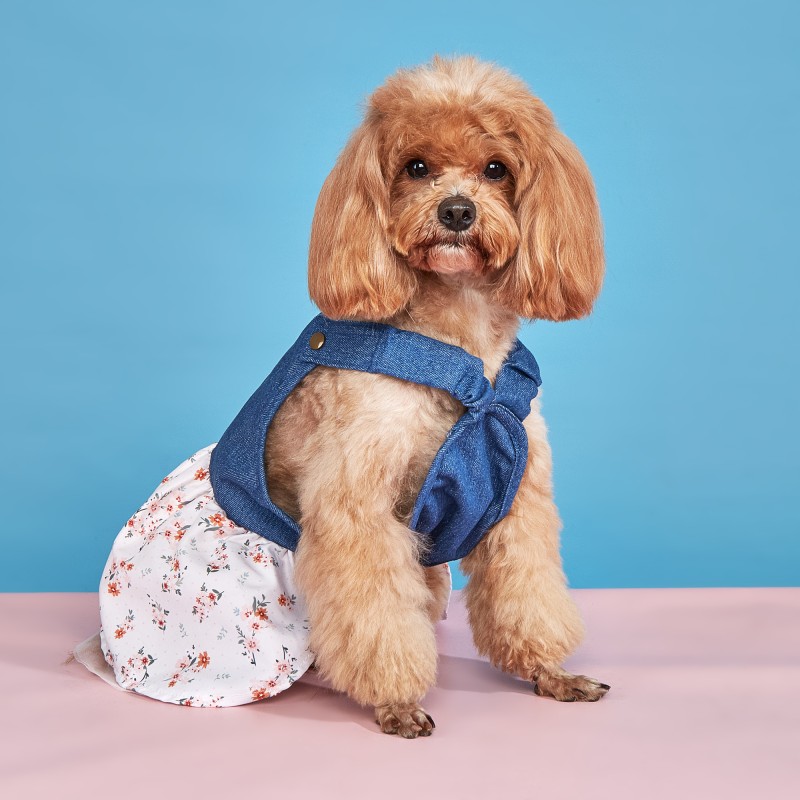 Princess Dress Supplier - Comfy Puppy Floral Vest Suspender Skirt Lace Trim Tutu Denim Spliced