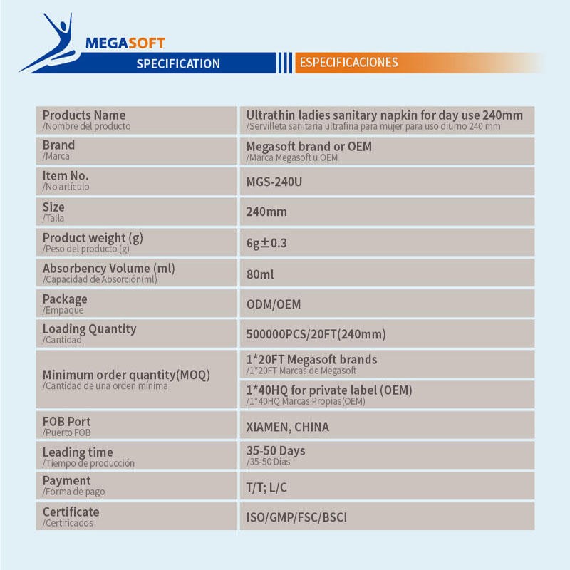 Sanitary Napkin Supplier - MEGASOFT 240U Feminine Hygiene