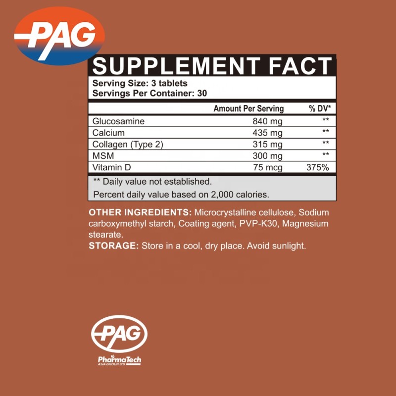 PAG Private Label Joint Healthcare Nutrition Supplement Glucosamine Calcium Collagen Vitamin D3 MSM Tablets