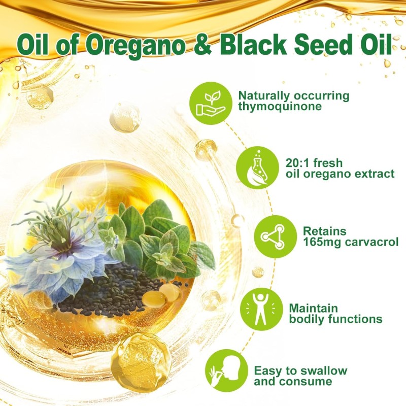 High-Concentrated Oil of Oregano Black Seed Oil Supplement Non-GMO Immune Health Booster for Adults with Carvacrol Thymoquinone