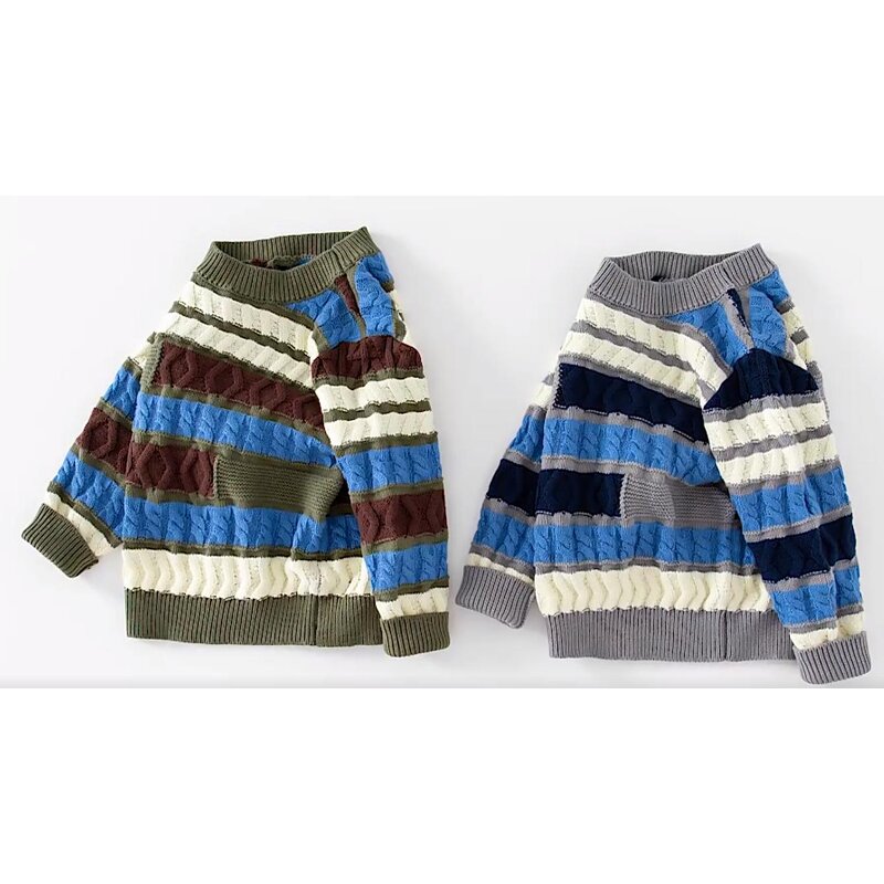 Children Sweater Factory - Long Sleeve Round Collar Striped Cable