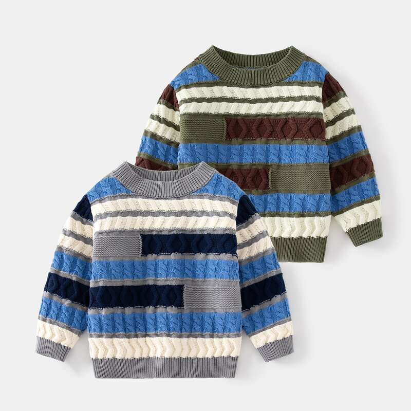 Children Sweater Factory - Long Sleeve Round Collar Striped Cable