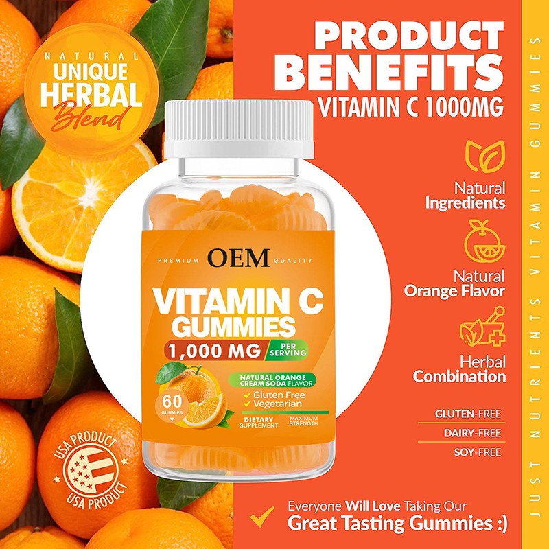 OEM ODM Private Label Children Vitamin C Gummy 1000mg Healthy Immune System Vitamin C Gummies for Kids