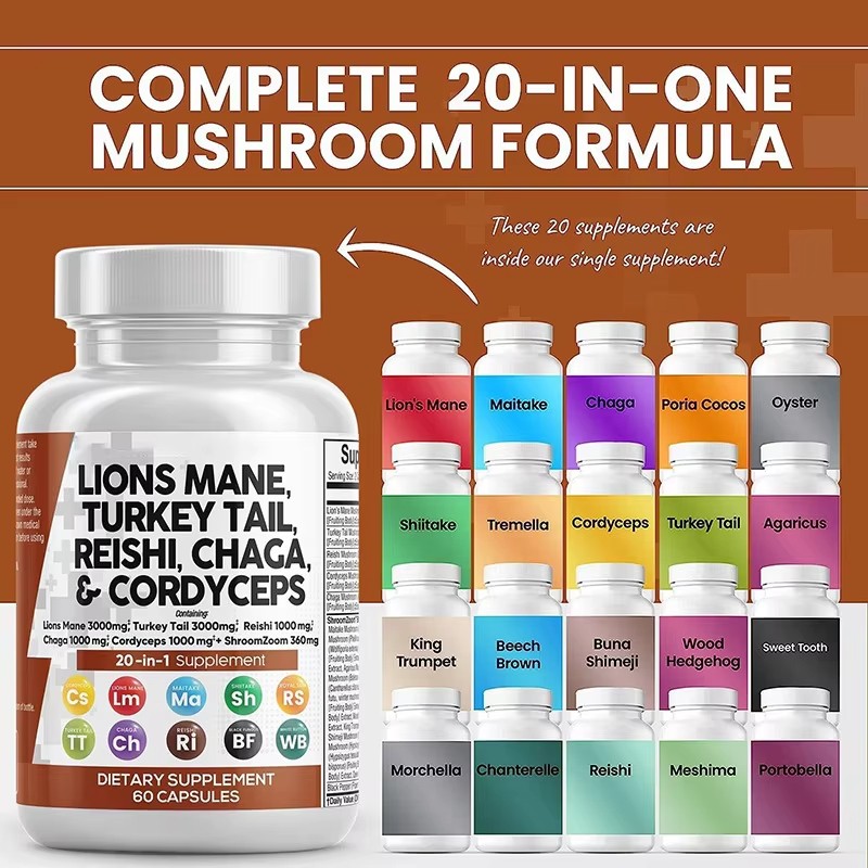 WELLBODY OEM/ODM Private Label Factory Supply Lions Mane Mushroom Capsules 20 in 1 Mushroom Capsules Support Body Health