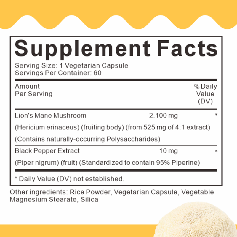 WELLBODY Organic Lion's Mane Mushroom Powder Extract Private Label Lions Mane Capsules Grain-Free Healthcare Supplement for