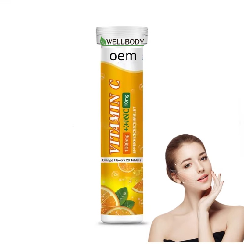 Wellbody OEM/ODM Vitamin C +Zinc Orange Flavor for Skin Glowing Beauty Vitamins Supplement Vitamin c Effervescent Tablets