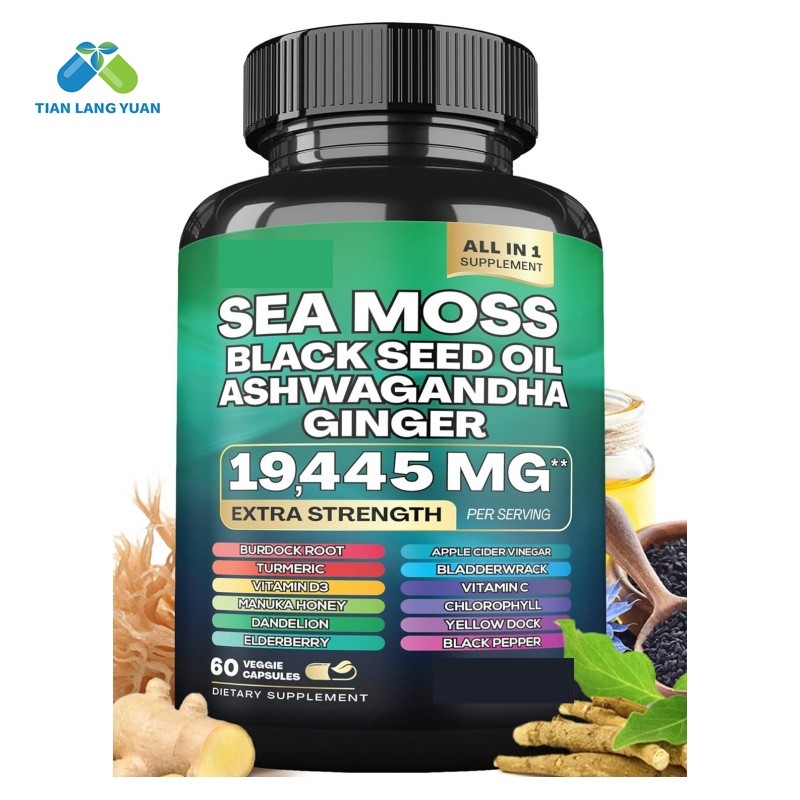Private Label Sea Moss Capsules 60 Each Capsules Formula with Black Seed Oil Ashwagandha and Ginger Energy Booster Supplement
