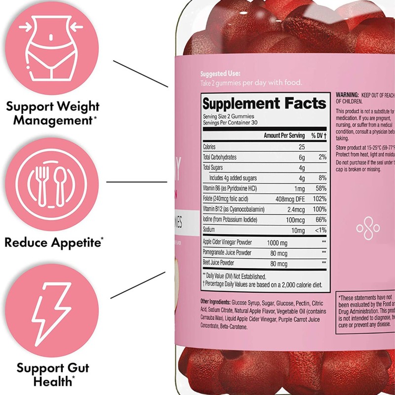 Vitamins Apple Cider Vinegar Gummies OEM Package  Sugar Free Support Digestion Apple Flavor for Weight Management