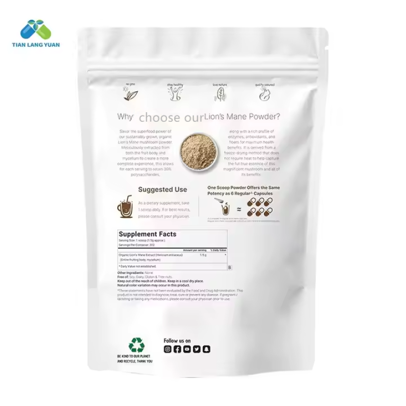 Lion's Mane Mushroom Powder Natural Polysaccharides Organic Lion's Mane Mushroom Extract 10:1 Supplement OEM Package