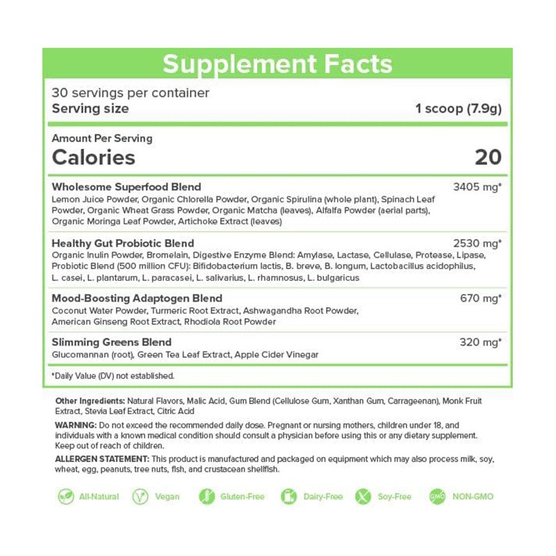 Skinny Greens Powder Natural Supergreen Supplement Green Apple Flavor Supports Healthy Weight OEM Package