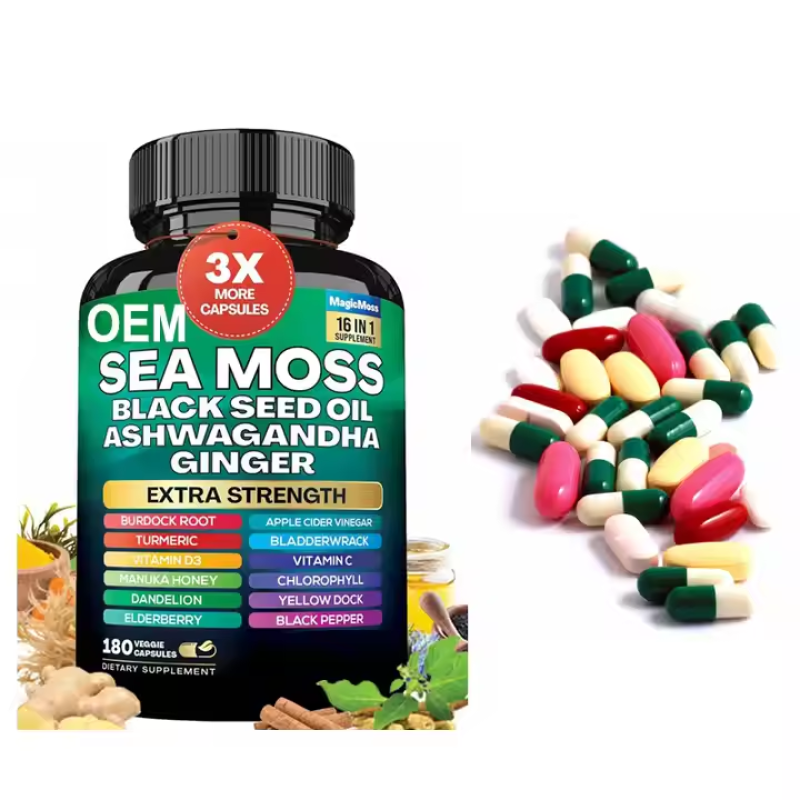 Private Label Sea Moss Capsules 60 Each Capsules Formula with Black Seed Oil Ashwagandha and Ginger Energy Booster Supplement