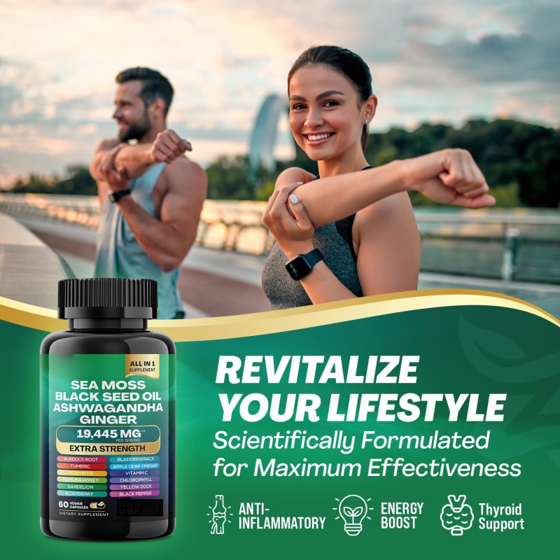 Private Label Sea Moss Capsules 60 Each Capsules Formula with Black Seed Oil Ashwagandha and Ginger Energy Booster Supplement