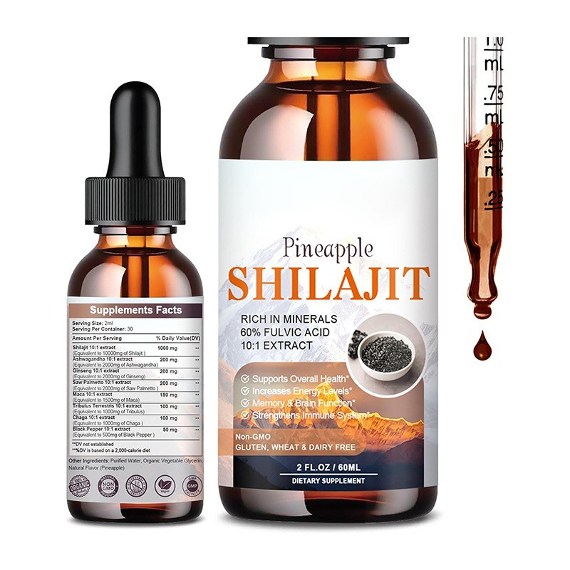 OEM Package Shilajit Drops Pineapple Flavor with Ashwagandha Maca and Chaga Boost Energy 10:1 Himalayan Drops 60ml