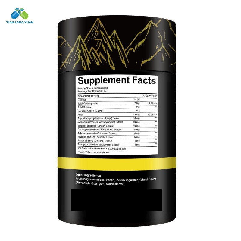 Paper Tube Package Shilajit Gummies  Individually Wrapped Boost Energy with Ashwagandha Pure Himalayan 60 Gummies Per Tube