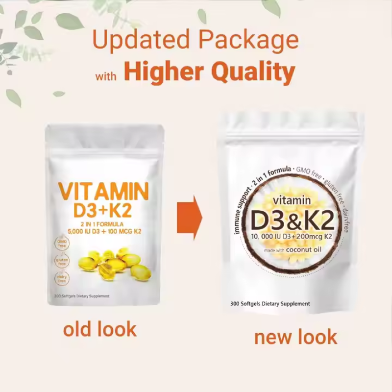 RHot Sale OEM Package Vitamin D3 K2 Softgels Health Supplement Vegan Raw Material 10000iu Vitamin D3 K2 Capsules Wholesale Price