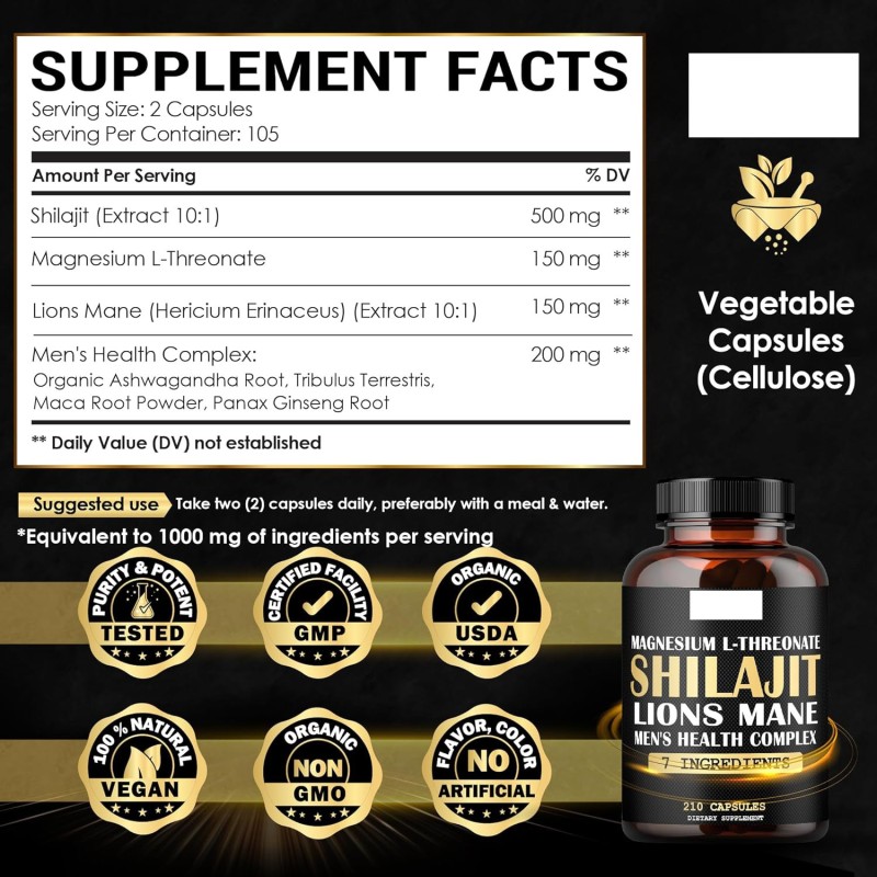Private Brand Shilajit Capsules with Mushrooms 7 in One Men's Health Supplement Lion's Mane Maca Powder Male Best Booster