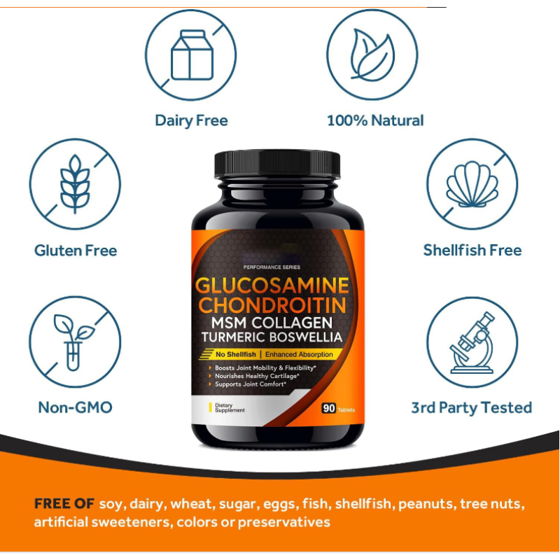 Glucosamine Chondroitin Tablets 60 Tablets with MSM Support Joint Health Supplement Energy Boost Glucosamine  Pills OEM Package