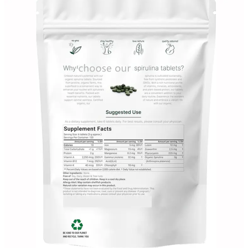OEM Package  Organic Spirulina Tablets 60 Tables Rich in Vegan Protein Chlorophyll for Health  Supplement Full of Vitamins