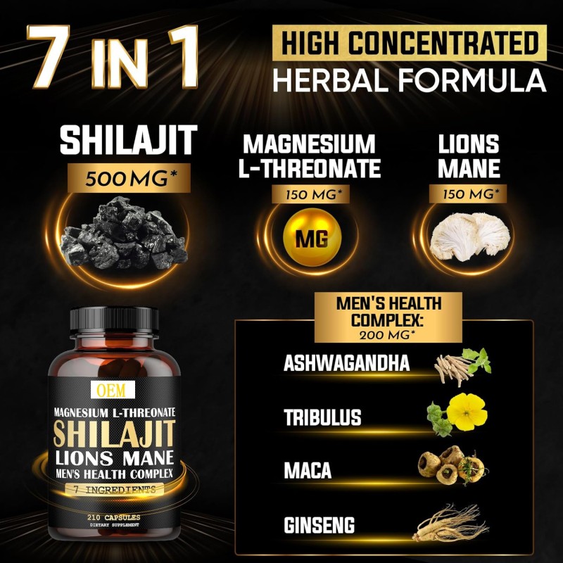 Private Brand Shilajit Capsules with Mushrooms 7 in One Men's Health Supplement Lion's Mane Maca Powder Male Best Booster