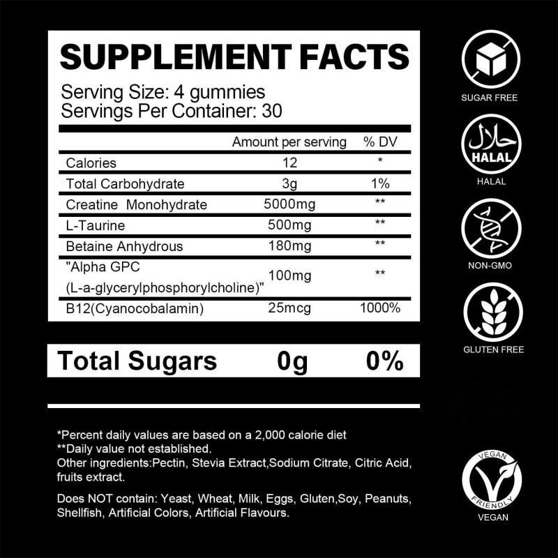 Private Label Package Creatine Monohydrate Gummies Blueberry Flavor Strengthen and Muscle Support Energy Recovery