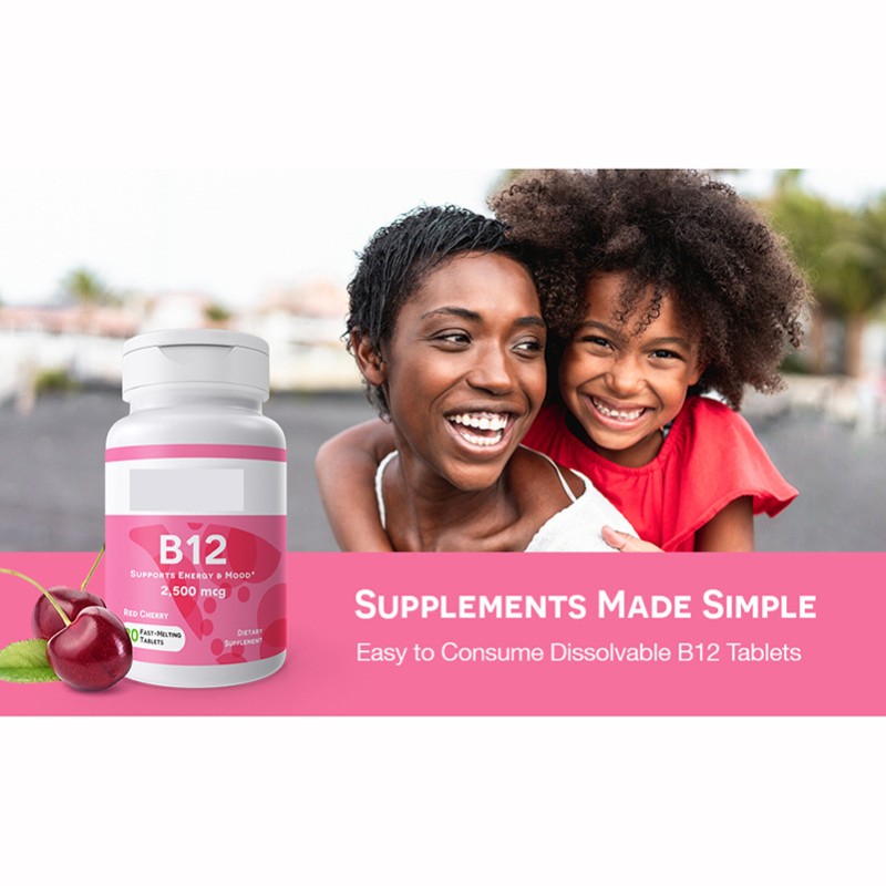 OEM Private Label Vitamin B12 Tablets Red Cherry Flavor B12 Vitamins Pills Supplement Support Whole Body Health