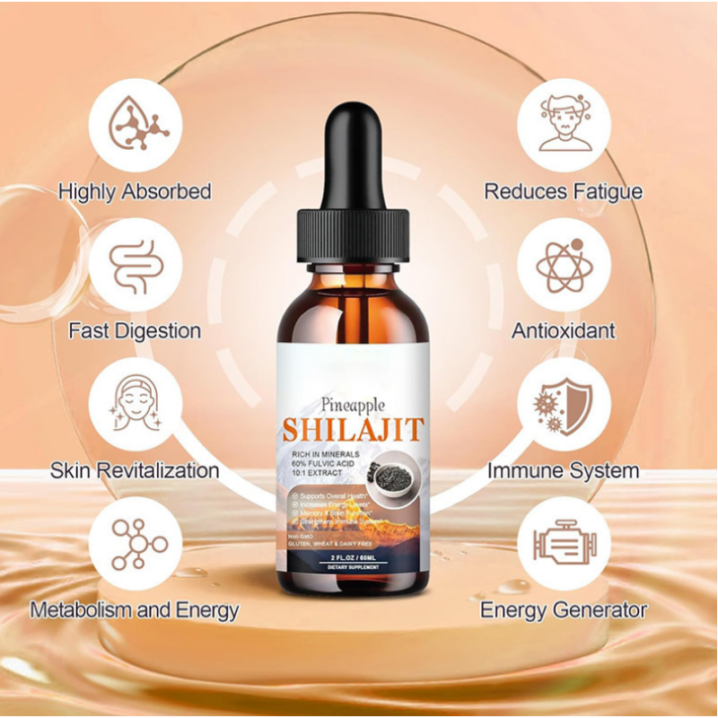OEM Package Shilajit Drops Pineapple Flavor with Ashwagandha Maca and Chaga Boost Energy 10:1 Himalayan Drops 60ml