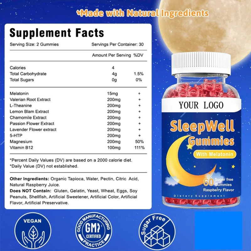 OEM Package Sleep Well Gummies for Sleep Recovery Raspberry Flavor Sugar Free Melatonin Gummies Health Supplement Vegan