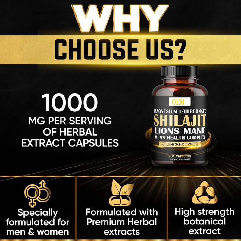 Private Brand Shilajit Capsules with Mushrooms 7 in One Men's Health Supplement Lion's Mane Maca Powder Male Best Booster