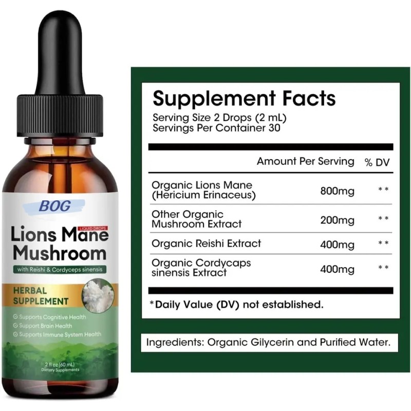 Lion's Mane Drops Mushroom Extract Drops Tincture Liquid Organic for Memory, Focus & Clarity