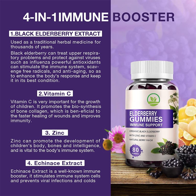 OEM Private Label Elderberry Gummies Zinc Vitamin Supplement Improved Immune Health Elderberry Extract Gummy Candy