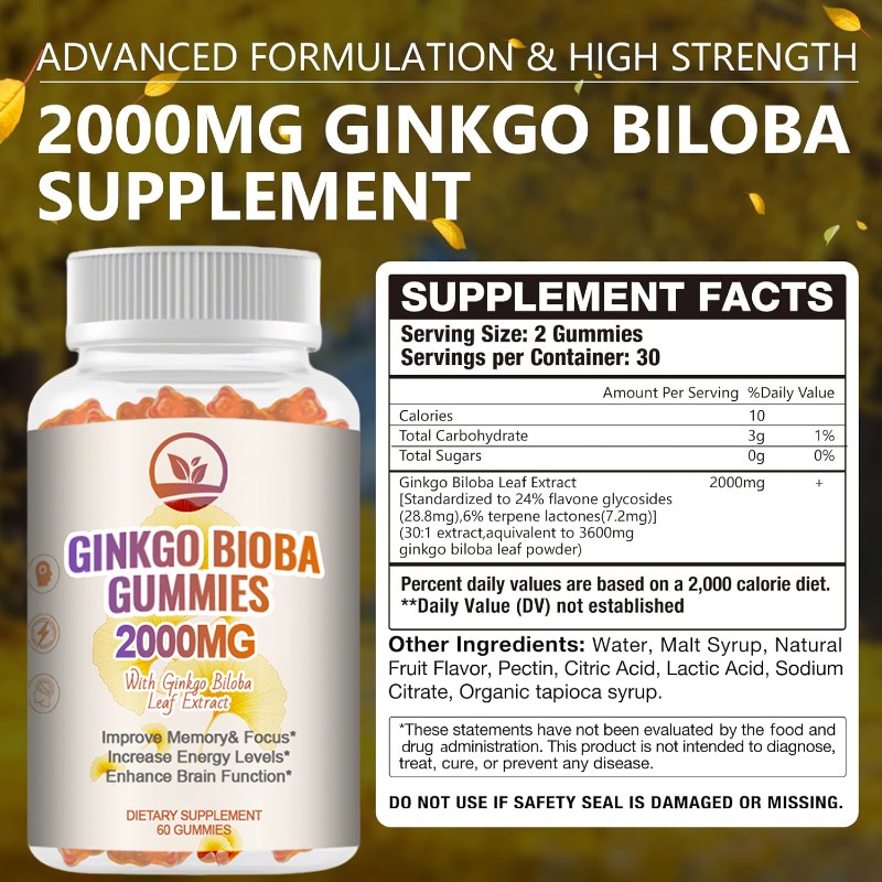 ODM Ginkgo Biloba Gummies - Memory & Focus & Natural Energy Brain Health Support 60 Count