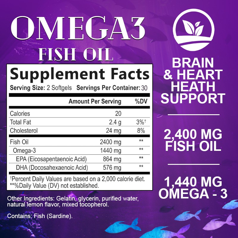OEM Factory Supply Vegan Omega 3 Softgel Capsules Vitamin EPA DHA Halal Supplements 2400mg Brain & Heart Health Support