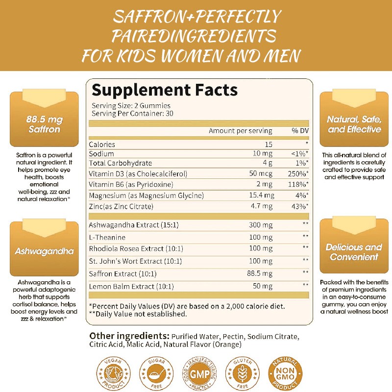 OEM Vegan Saffron Skincare Gummies Extract Private Label Supplements Organic Magnesium Glycinate Saffron Gummies