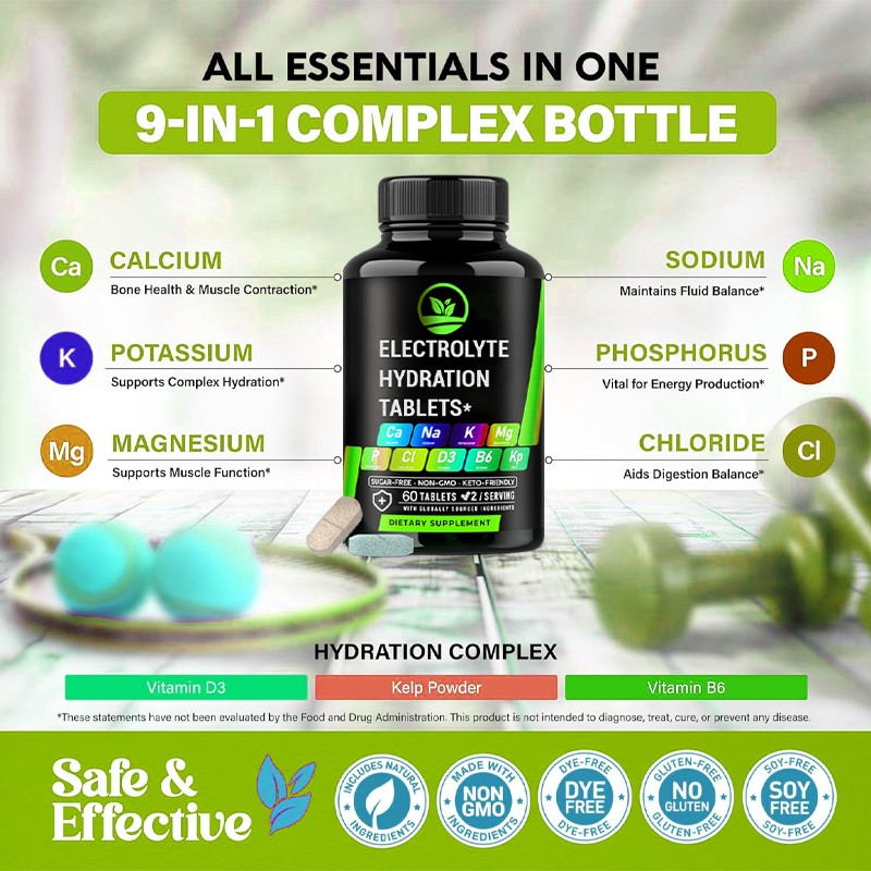 OEM Wholesale Factory Hydration Electrolytes Tablets With Magnesium Sodium Potassium Chloride Vitamins D3 & B6 and Kelp Powder