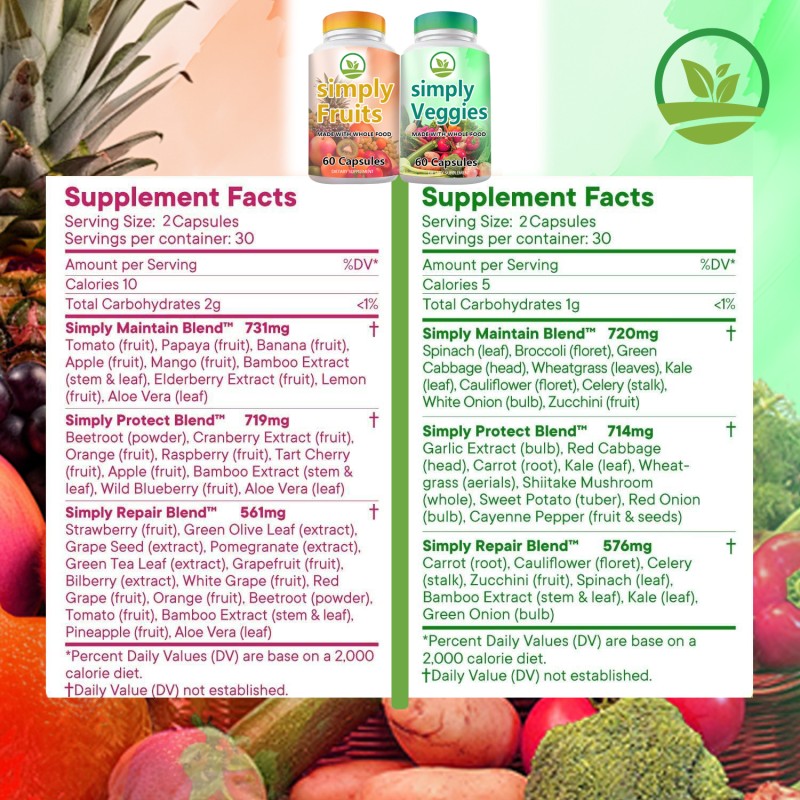 OEM Whole Food Superfood Capsules - 90 Fruit & 90 Veggie Blend, Rich in Natural Vitamins & Minerals
