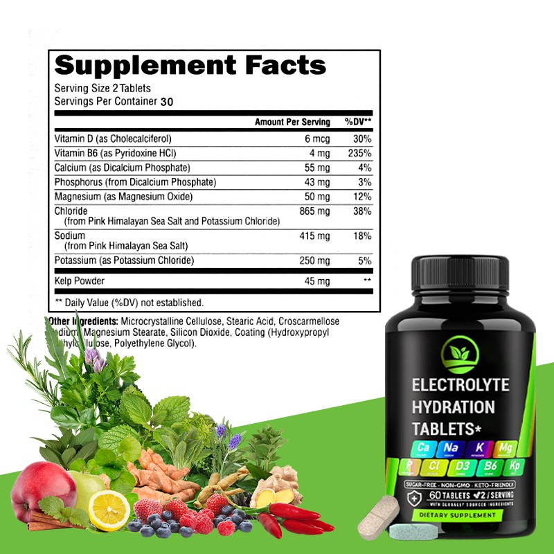 OEM Wholesale Factory Hydration Electrolytes Tablets With Magnesium Sodium Potassium Chloride Vitamins D3 & B6 and Kelp Powder