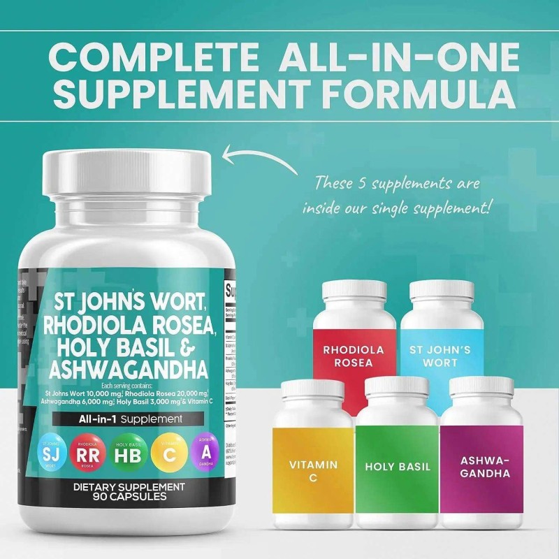 Adult Mood Support Supplements St John's Wort Capsules Rhodiola Rosea Holy Basil Vitamin C Black Pepper Extract Men Women