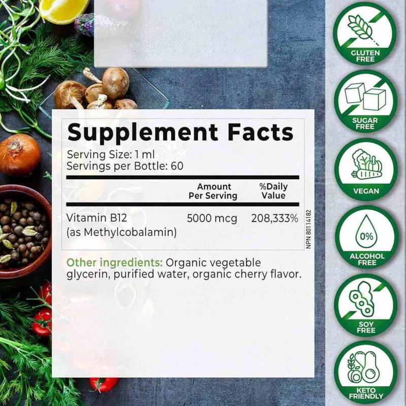 OEM Natural Organic CHERRY FLAVOR Sublingual Extra Strength 5000 Mcg Methylcobalamin Vitamin B12 Liquid Drops for Adults