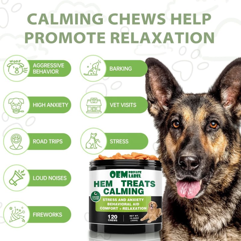 OEM Calming Softchews Dog Treats with Hemp Aid Anti-Anxiety Supplements Pet Health Care & Chewable Tablets